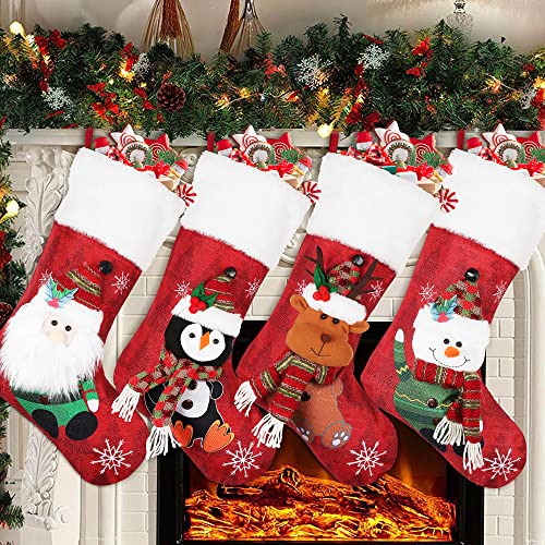 COOLWUFAN Christmas Stockings 4 Pack, 19'' Xmas Stockings with Snowflake Santa Snowman Reindeer Penguin and Plush Faux Fur Cuff Stockings for Stairs Fireplace Hanging Xmas Home Decor