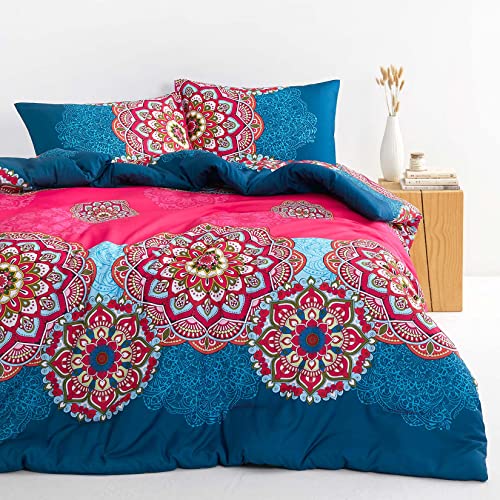 Wake In Cloud - Bohemian Comforter Set, Fuchsia Blue Boho Chic Mandala Floral Medallion Pattern Printed, Soft Microfiber Bedding (3pcs, Queen Size)