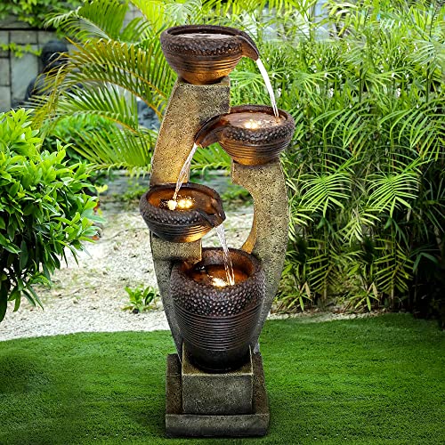 Naturefalls 40” H Modern Outdoor Fountain - 4 Crocks Outdoor Garden Fountains with Contemporary Design&LED Light for Garden, Patio, Deck, Porch, Backyard and Home Art Decor (40in, Light Gray)
