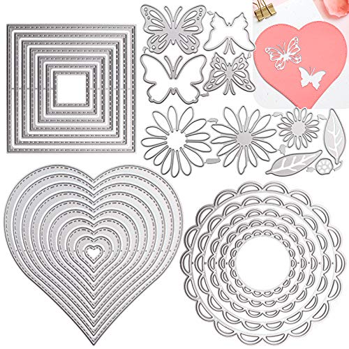 DailyTreasures 5 Set Cutting Dies Stencil, 32Pcs Metal Template Moulds Multi-Shape DIY Craft Embossing Tools for Album Scrapbooking Art & Mother's Day Card Making(Heart/Square/Round/Butterfly/Flower)