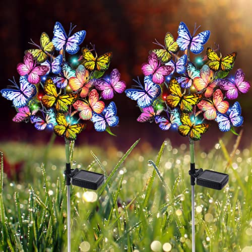Adecorty Solar Garden Lights Outdoor Waterproof Decorative Solar Lights New Upgraded 2 Pack with 44 LED 34 Butterfly Solar Lights for Garden Yard Lawn Outdoor Decor, Gifts for Mother's Day Mom Women