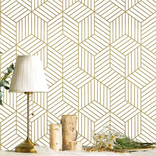 White and Gold Peel and Stick Wallpaper Geometric Hexagon Wallpaper Removable Self Adhesive Wall Paper Gold Striped Vinyl Contact Paper for Cabinets Shelf Drawer Renter Friendly 15.7'x118' Upgrade