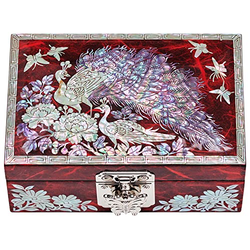 MADDesign Mother of Pearl Jewelry Box Ring Earring Organizer Hand Made Sea Shell Peacock Red