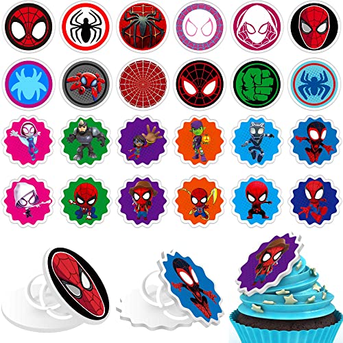 24Pcs Hero Cupcake Topper Birthday Party Favor, Spider Friends Cup Cake Decorations Supplies Finger Rings Gift for Anime Fans Kids, Goody Bag/Easter Egg Stuffers
