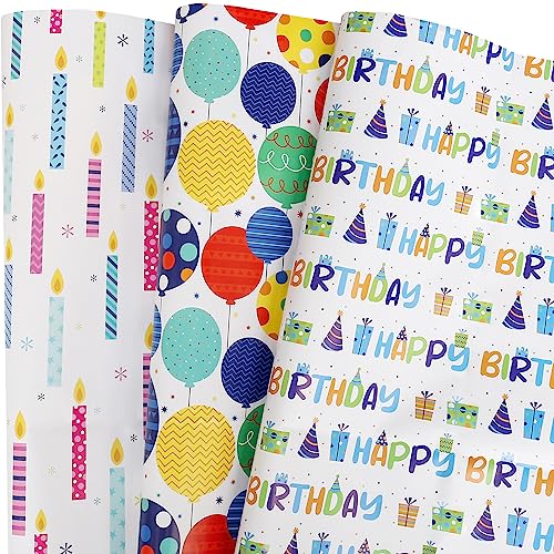 BULKYTREE Birthday Wrapping Paper for Boys Girls Kids Men Women Holiday Birthday Party - 3 Large Sheets Colorful Balloon 'Happy Birthday' Candles Gift Wrap - 27 Inch X 39.4 Inch Per Sheet