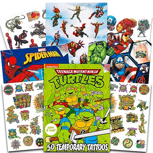 Super Hero Tattoos Party Favors Set - 150 Superhero Temporary Tattoos Featuring Marvel Avengers, Spiderman and Teenage Mutant Ninja Turtles Bundle with Avengers Reward Stickers