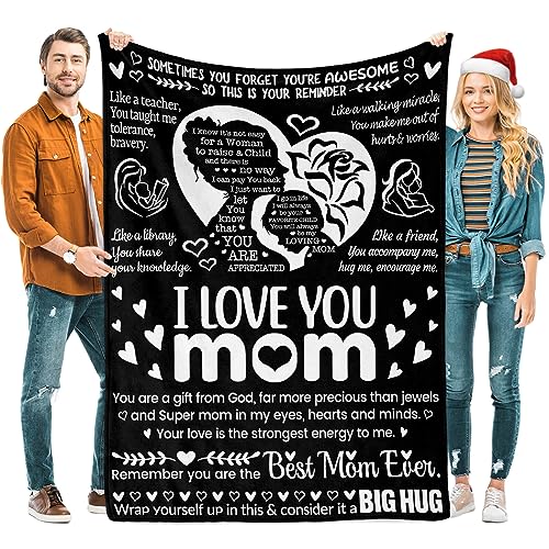 YUzzles Mothers Day Blankets for Mom from Daughter & Son, I Love You Mom Gifts Blankets, Mom Blankets for Mom, Mother Blankets, Mom Birthday Gifts, Best Mom Ever Gifts Blankets, 50' x 70' (Black)