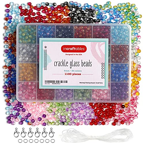 Incraftables Crackle Glass Beads 1100pcs 24 Colors. Crystal Glass Beads for Jewelry Making Bulk Kit (6mm). Lampwork Glass Beads for Bracelets Making for Kids & Adults with Elastic String & Organizer.