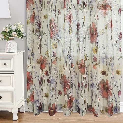 OWENIE Crushed Sheer Curtains 63 Inches Length 2 Panels Set, Sheer Floral Curtians with printed Design, Printing Drapes on Sheers for Living Room, Rod Pocket Light Filtering Window Sheers 42' W x 84'L