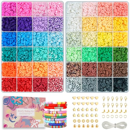 Velavior 7000 Pcs Clay Beads for Bracelet Making Kit, 2 Boxes 48 Colors Friendship Bracelet Kit Polymer Clay Heishi Beads with Star Round Heart Spacer Gold Bead DIY Crafts Gift Set for Kids Teens