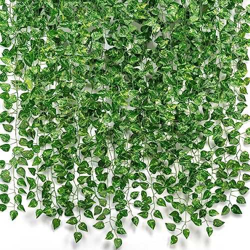 CQURE 14 Pack 98Ft Artificial Ivy Garland, Fake Vines UV Resistant Greenery Leaves Fake Plants Hanging Aesthetic Vines for Home Bedroom Party Garden Wall Room Decor