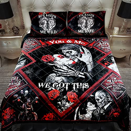 Gothic Skull Bedding Decorations, Wedding Anniversary, Valentines Day, Christmas, Birthday Gifts for Couple, Him, Her, Wife, Husband, Romantic Gifts for Boyfriend, Girlfriend, Queen Size Bedding Set