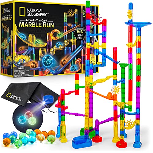 NATIONAL GEOGRAPHIC Glowing Marble Run – 150 Piece Construction Set with 30 Glow in the Dark Glass Marbles & Storage Bag, STEM Gifts for Boys and Girls, Building Project Toy (Amazon Exclusive)