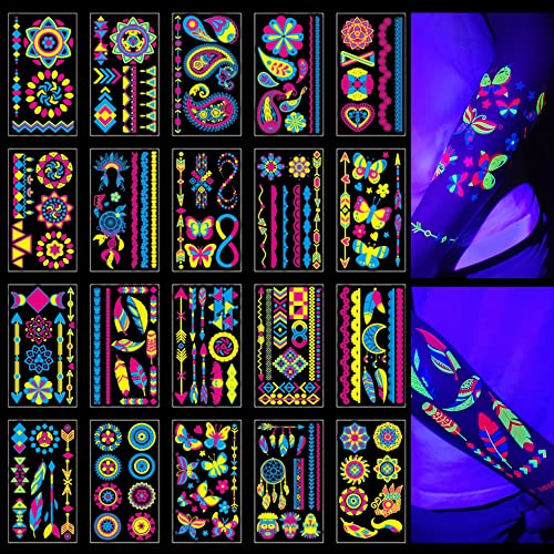 20Sheet Glow in The Dark Temporary Tattoos 160+Styles Aldult Fluorescence UV Neon Body Face Fake Waterproof Tattoo Stickers for Women Men,Rave Festival Accessory Party Supplies