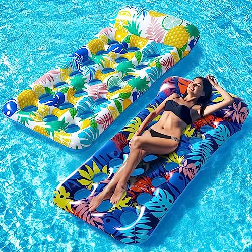 Inflatable Pool Floats Raft - 2 Pack Oversized Pool Raft and Float for Adults, Cooling Pool Float Contour Lounger with Headrest for Swimming Pool, Lake, Summer Party Float