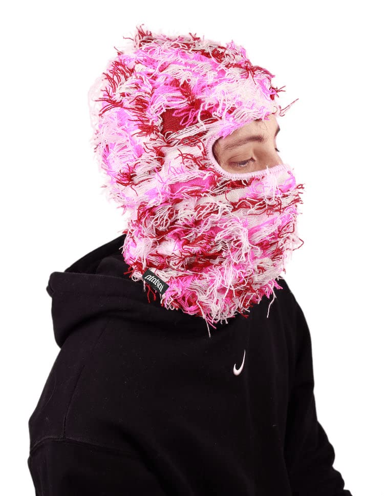 Atakai Balaclava Distressed Knitted Full Face Ski Mask Winter Windproof Neck Warmer for Men Women One Size Fits All, Yeat Inspired (Pink Storm)