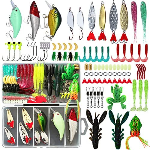 LASOCUHOO Fishing Lures Kit, (94Pcs) Spoon Lures, Soft Plastic Worms, Frog Lures, Bait Tackle Kit for Bass, Trout, Salmon for Freshwater and Saltwater