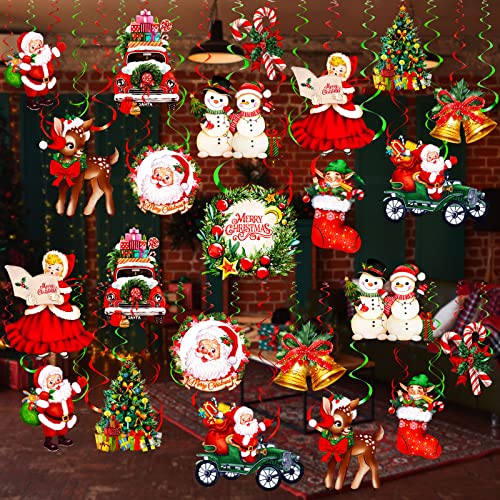 30 Pieces Christmas Hanging Foil Swirl Decorations Set Xmas Holiday Snowman Elk Sign Hanging Swirls Ceiling Decorations for Indoor Outdoor Happy Christmas Holiday Party Supplies (Santa Claus)