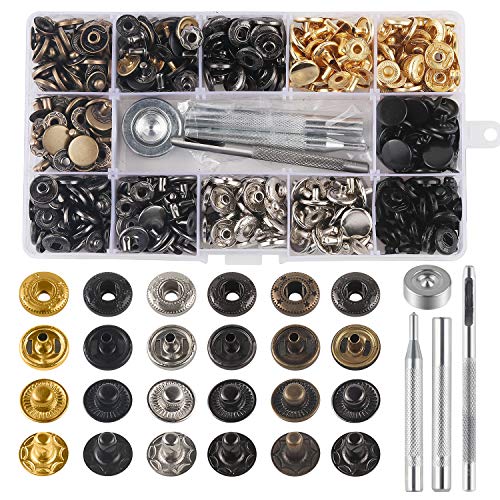 132 Sets Leather Snap Fasteners Kit, MSDADA 12.5 mm Metal Button Snaps Press Studs with 4PCS Fixing Tools, Sewing Snaps for Clothes Leather Craft Bracelets Jeans Wears Jackets Bags Belt