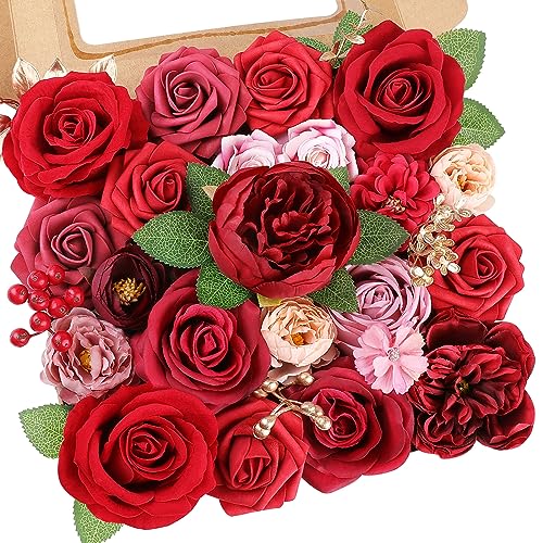 AmyHomie Red Artificial Flowers Combo Silk Mix Peony Rose Fake Flowers w/Stem for Valentine's Day DIY Wedding Bouquets Centerpieces Table Fall Decor Party Bridal Baby Shower Home Decorations