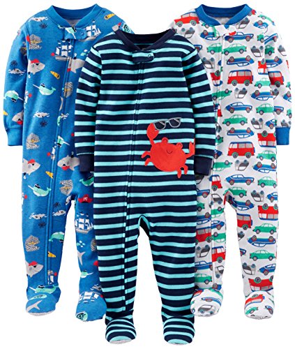 Simple Joys by Carter's Baby Boys' 3-Pack Snug Fit Footed Cotton Pajamas, Blue Sea Life/Navy Stripe/White Cars, 18 Months