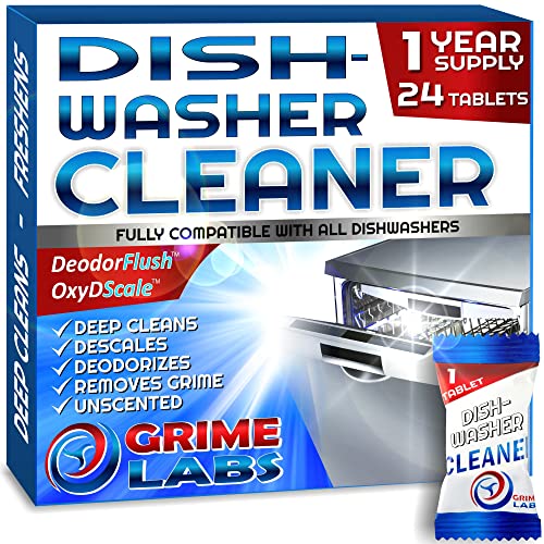 GRIME LABS Dishwasher Cleaner Deodorizer Descaler Tablets, 24 pack Heavy Duty Deep Clean and Natural Limescale Remover, Dish Washer Cleaner Machine Pods, 12 Months Supply