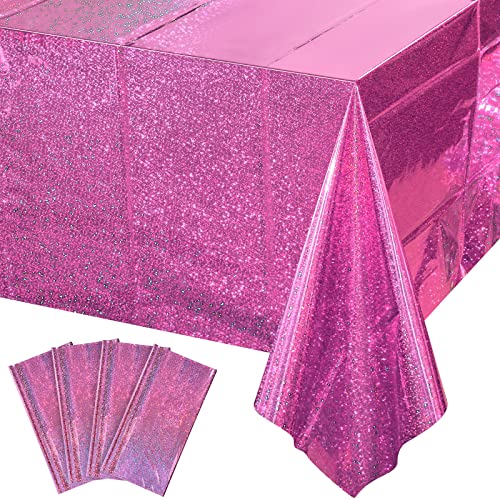 4 Pack Iridescence Plastic Tablecloths Shiny Disposable Laser Rectangle Table Covers Holographic Foil Tablecloth Iridescent Party Decoration Birthday Bridal Wedding Christmas 54' x 108' (Pink)