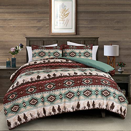 Chezmoi Collection Audun 2-Piece Southwestern Cowboys Aztec Comforter Set - Multicolor Teal Brown Beige Tan Red Printed Washed Microfiber Bedding, Twin Size