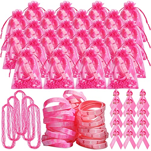 Hillban 50 Pack Breast Cancer Awareness Set, Include Awareness Ribbon Pin Bracelet Necklace Awareness Card for Breast Cancer Walk Survivor Charity Gifts Party Favors No Bra Day (Pink)