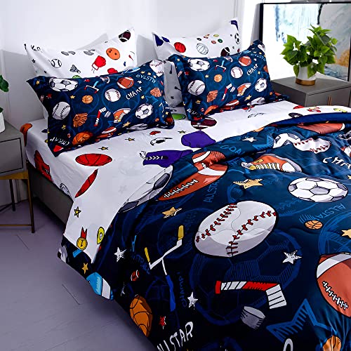 Wajade Sports Comforter Set Bed in A Bag Twin Size 7 Piece 3D Soccer Basketball Baseball Football Bedding Set for Kids Boys (1 Comforter, 1 Flat Sheet, 1 Fitted Sheet, 2 Pillowcase and 2 Pillow Sham)