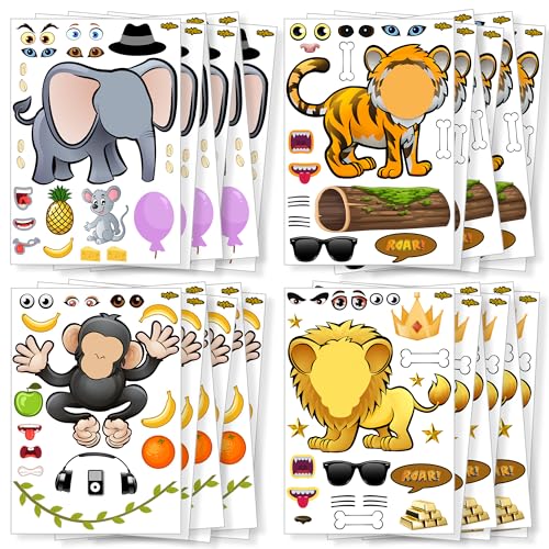 PartyNow Animal Stickers | 24-Pack Make Your Own Stickers for Kids | Make a Face Sticker Sheets with Safari Animals | Mix and Match Kids Stickers | Fun Party Favors for Kids | Safari (Safari Animals)