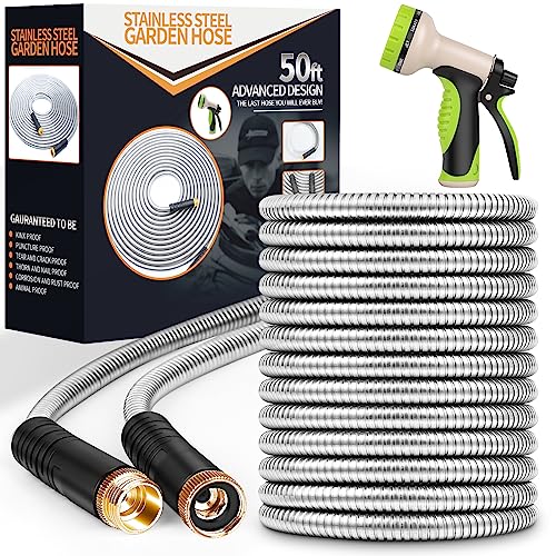 Metal Garden Hose 50ft, Stainless Steel Heavy Duty Water Hose with 10 Function Nozzle Flexible, Lightweight, Kink Free, Pet Proof, Puncture Proof Hose for Yard, Outdoor