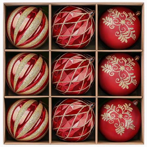 SHareconn 100MM/4 Inch Christmas Balls Ornaments 2023, 9PCS Colored Shatterproof Plastic Decorative Hanging Baubles Set for Xmas Tree Decor Holiday Party Wedding Decoration with Hook, Red