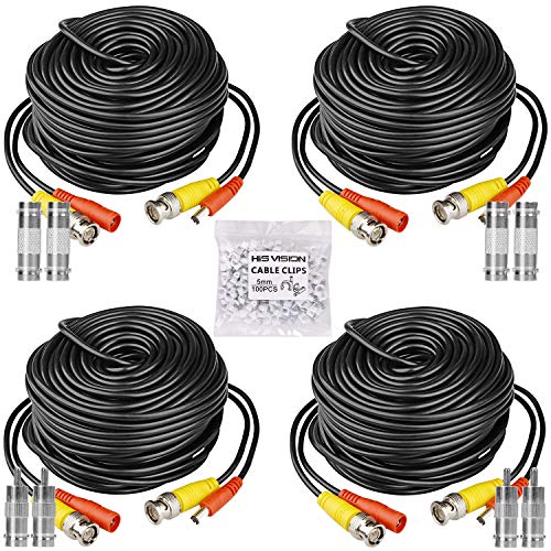 HISVISION 4 Pack 100ft BNC Video Power Cable, Security Camera Wire Cord Extension Cable, 8pcs BNC Connectors and 100pcs Clips for Surveillance System