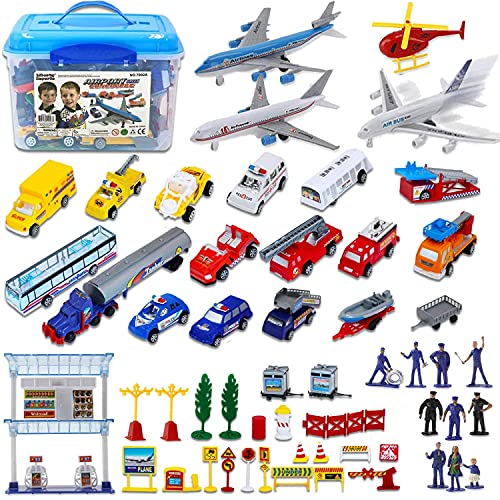 Liberty Imports Deluxe 57-Piece Kids Commercial Airport Playset in Storage Bucket with Airplane Toy, Play Vehicles, Fire Trucks, Police Cars & Figures, and Accessories