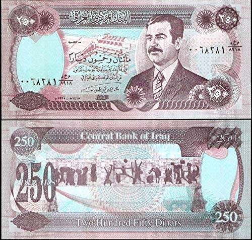 Iraq 250 Iraqi Dinars 1995 Dinar Saddam Hussein Dictator Like Hitler Or Stalin (WW2, World War, Nazi, Gulf War, George Bush)