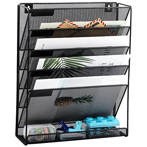 EASEPRES Desk File Organizer Mesh 5-Tier, Hanging Wall Mount Document Organization Stand, Desktop Vertical Mail Paper Folder Holder Rack with Bottom Tray for Office Home Cubicle Countertop, Black