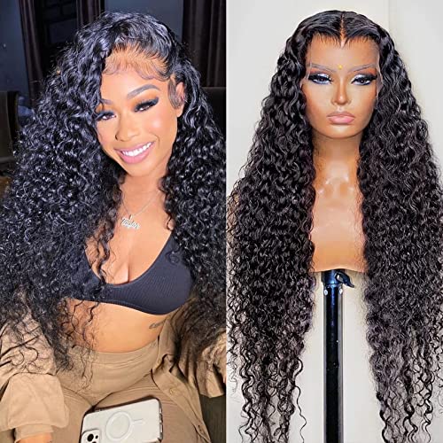 SNJON Water Wave 13x6 HD Transparent Lace Front Wigs Human Hair 180 Density Wet and Wavy Wigs for Women Curly Lace Front Wigs Pre Plucked with Baby Hair Natural Color (18 Inch)