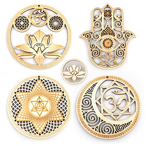 5.31' Sacred Geometry Wall Art 4 PCS Set, (Sacred Lotus, Hamsa Hand, Soul Star, Union Sun Moon) Crystal Grid Meditation Chakra Wooden Wall Art Yoga Decor Spiritual Gifts