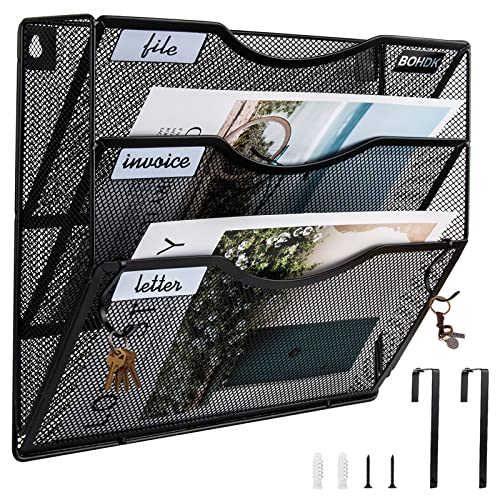 BOHDK Wall File Organizer, 3 Tire Hanging File Folder Mail Organizer, Vertical Mesh Metal Door/Wall Mount Hanging File Holder, Paper Document Magazine Rack with Hooks for Home Office Black