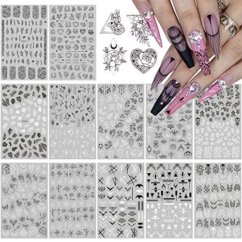 EBANKU 12 Sheets Black White Nail Art Sticker, Leaves Retro Flower Vine Pattern Decals French Classic Simple Self Adhesive Decals, for Girl Women Nails Art DIY Decoration