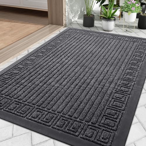 Finchitty Front Door Mat Outdoor Entrance, Heavy Duty Durable Rubber Doormat, Stain and Fade Resistant, Easy to Clean, Low Profile Indoor Outdoor Mat for Entryway and Patio, 30x17, Grey