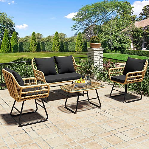 YITAHOME 4-Piece Patio Furniture Wicker Outdoor Bistro Set, All-Weather Rattan Conversation Loveseat Chairs for Backyard, Balcony and Deck with Soft Cushions and Metal Table (Light Brown+Black)