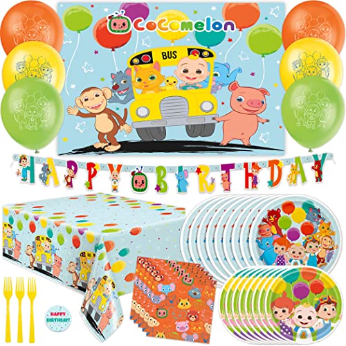 CoComelon Party Supplies | CoComelon Birthday Party Supplies | CoComelon Backdrop | CoComelon Party Decorations Girls Boys 1st 2nd Backdrop, Balloons, Tablecloth, Plates, Napkins, Forks, Sticker