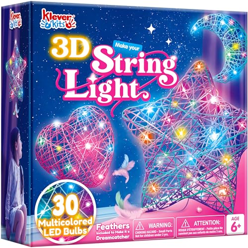 Klever Kits 3D String Art Kit for Kids, Light Up String Light Toy with 30 Multi-Colored LED Bulbs, Arts and Crafts Set, Birthday Gifts for Girls and Boys Ages 6-12