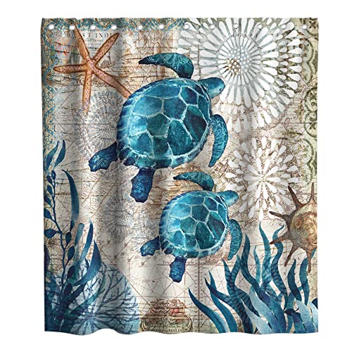 Final Friday Nautical Green Sea Turtles Beach Theme Fabric Shower Curtain Sets Bathroom Blue Ocean Decor with Grommets and Hooks - 72 x 72 Inch Teal