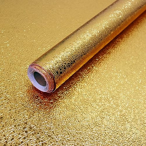 Feisoon Gold Texture Contact Paper Peel and Stick Wallpaper Kitchen Self Adhesive Contact Paper Aluminum Foil Oil Proof Wallpaper Waterproof Removable Wallpaper for Countertop Cabinet Drawer 16'x118'