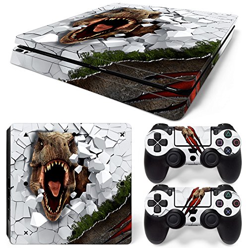 ZOOMHITSKINS PS4 Slim Skins, White Dino Dangerous Animals Fossil T-Rex Dinosaur Prehistoric, Durable, Bubble-Free Goo-Free,Cover Set of 2 Controller Skins 1 Console Skin, Made in USA