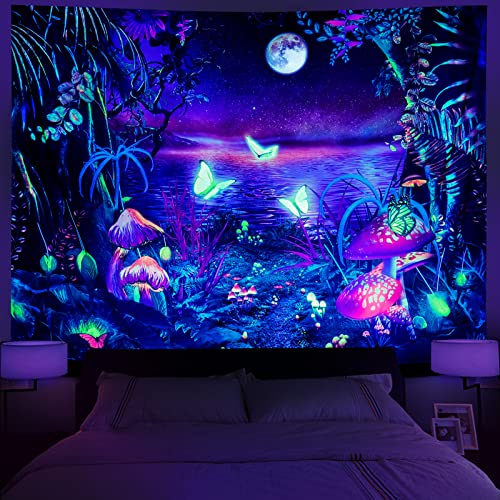 Serborlur Blacklight Fantasy Forest Tapestry Aesthetic Moon Tapestry UV Reactive Butterfly Tapestries Galaxy Space Tapestry Wall Hanging for Bedroom Living Room (51.2 × 59.1 inches)
