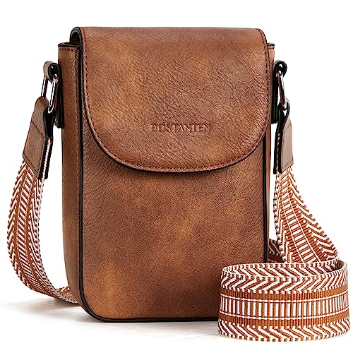 BOSTANTEN Small Crossbody Bags for Women Trendy Leather Phone Wallet Purses Handbags Adjustable Guitar Strap Retro Brown